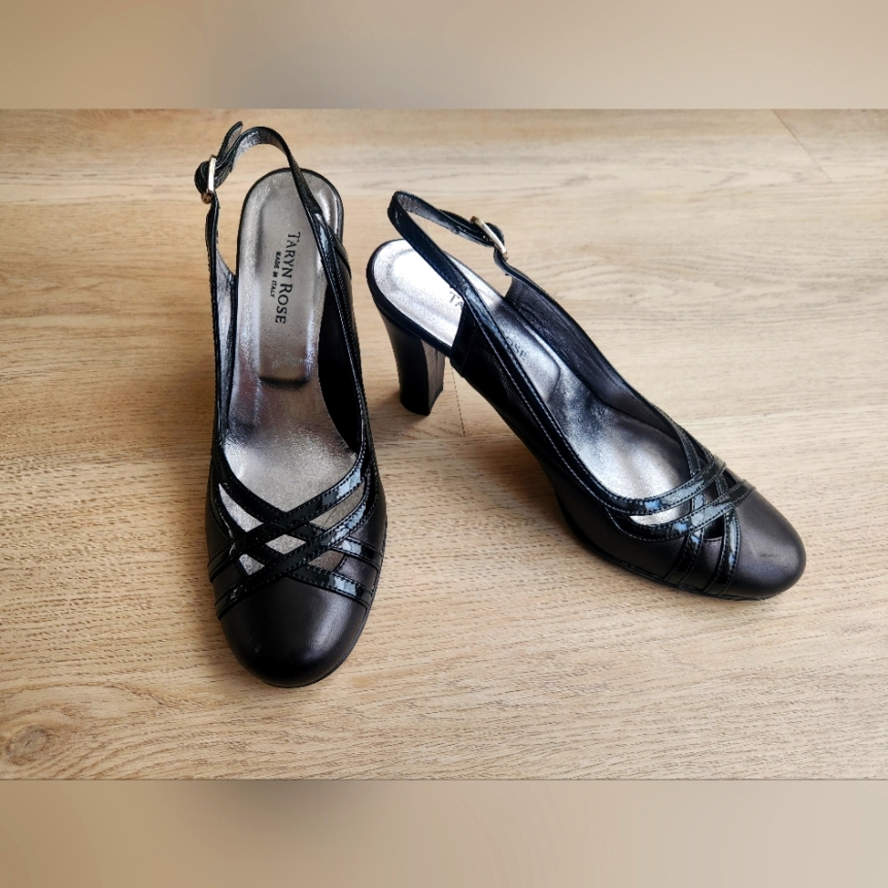 TARYN ROSE 9.5 BLACK HEELS WITH STRAPS, ITALIAN MADE, REAL LEATHER
